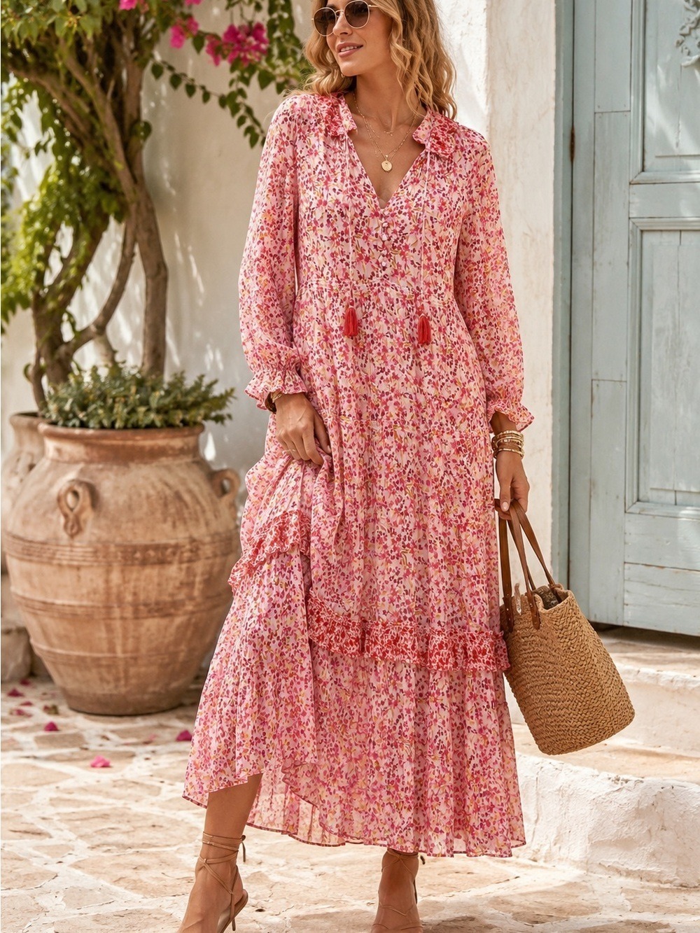 Anthropologie Floral Tiered Maxi Dress Pink Boho Cottagecore Tassel Tie Medium